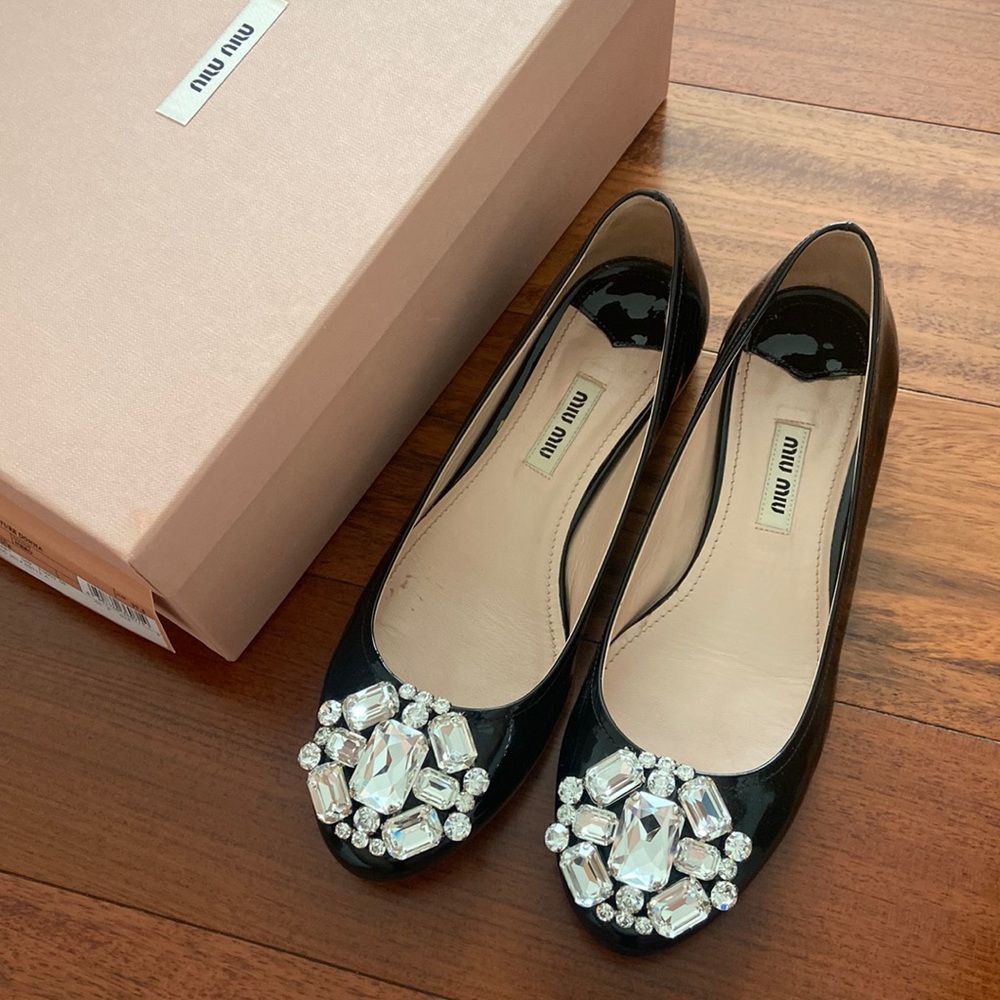 Miu Miu Roundtoe Rhinestone Flats Black patent
